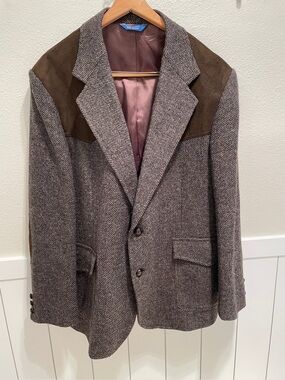 Pendleton Grey Brown Herringbone Tweed Blazer with Dark Brown Suede Shoulders